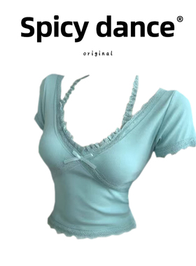 湖蓝色蕾丝花边挂脖上衣女夏纯欲辣妹V领短袖打底衫短款蝴蝶结T恤