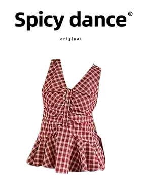 法式复古蓝色格子V领无袖背心上衣女夏季设计感时尚显瘦褶皱衬衫