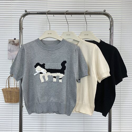 蝴蝶结精致小猫提花休闲上衣圆领