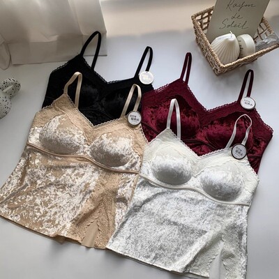 金丝绒保暖吊带背心女带胸垫一体