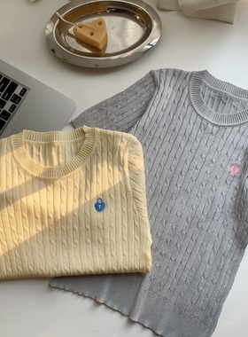 黄色冰丝刺绣麻花针织薄款短袖t恤女夏季小个子修身短款正肩上衣