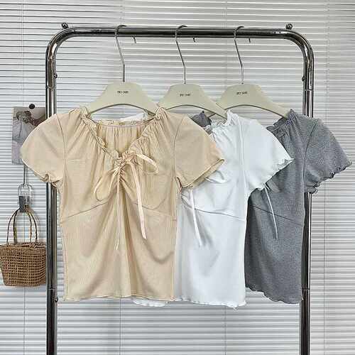 上衣夏季v领修身显瘦灰色高级感