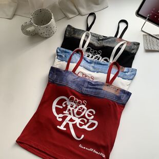 外穿设计感辣妹上衣 无袖 红色字母印花拼接牛仔吊带背心女秋季 修身