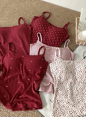 辣舞家2026本命年红色碎花波点保暖吊带女带胸垫修身内搭打底背心