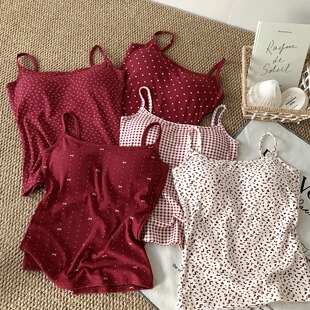 辣舞家2026本命年红色碎花波点保暖吊带女带胸垫修身 内搭打底背心