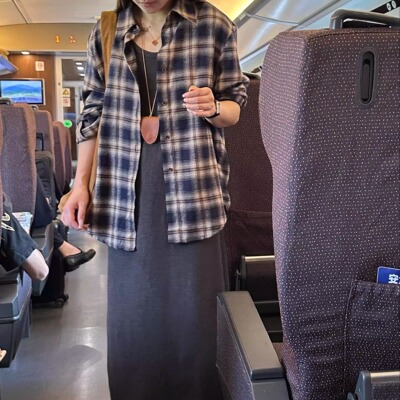 藏青色磨毛格子长袖衬衫女