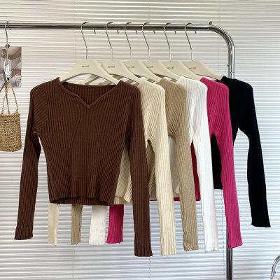 黑色v领坑条长袖打底衫女装秋季