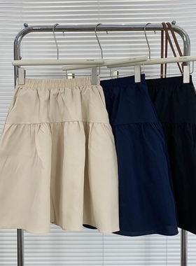 日系蓝色冰丝棉麻半身裙女夏高腰遮胯a字蓬蓬短裙防走光五分伞裙