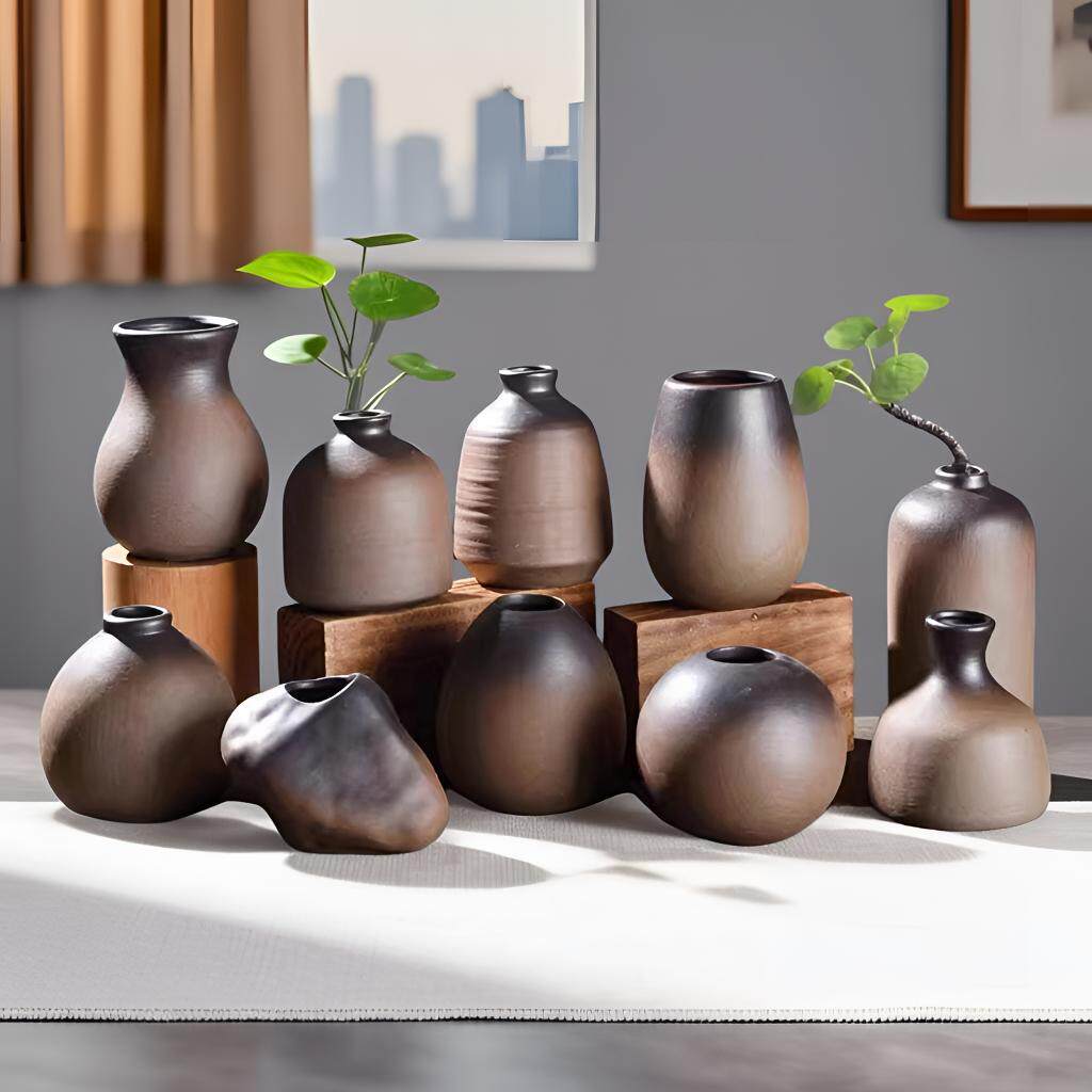 粗陶小花器仿石花器古典手工粗陶复古水培小花插陶瓷迷你小花瓶