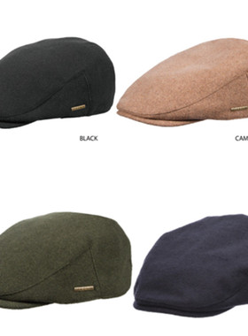 美国品牌stetson卡其色男款毛呢绒面秋冬季保暖休闲平顶贝雷帽子