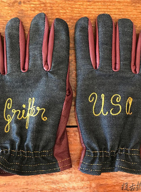 美国制造Grifter野牛皮牛仔布 哈雷凯旋摩托车骑士手套限量酒红色