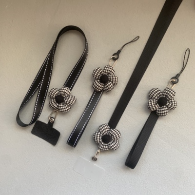 秋冬千鸟格花朵手机壳挂绳夹片贴片挂脖绳手腕绳证件卡套绳防丢绳