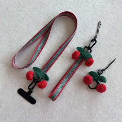 个性创意毛线针织小樱桃反光手机壳指环扣挂绳斜挎可调节挂脖绳潮