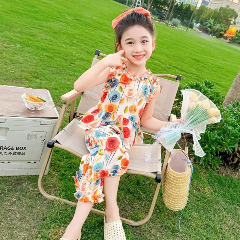 女童夏季套装2025新款儿童洋气背心夏款绵绸女宝宝薄款碎花夏装