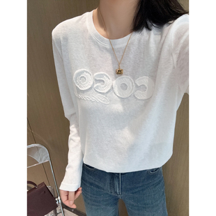外穿打底都需要 T恤休闲上衣 极简香风范舒适柔软字母贴布白色长袖