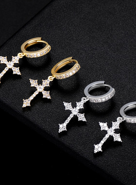 NCLAND原创设计欧美跨境镶锆十字架耳扣男女个性耳钉亚马逊新潮