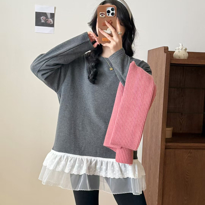 蕾丝网纱拼接加绒中长款女2025冬新款打底衫长袖T恤YS1-8328