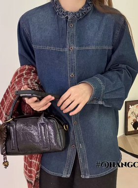 衬衫女2025冬季花边领宽松百搭打底衫木耳边牛仔外套80339#