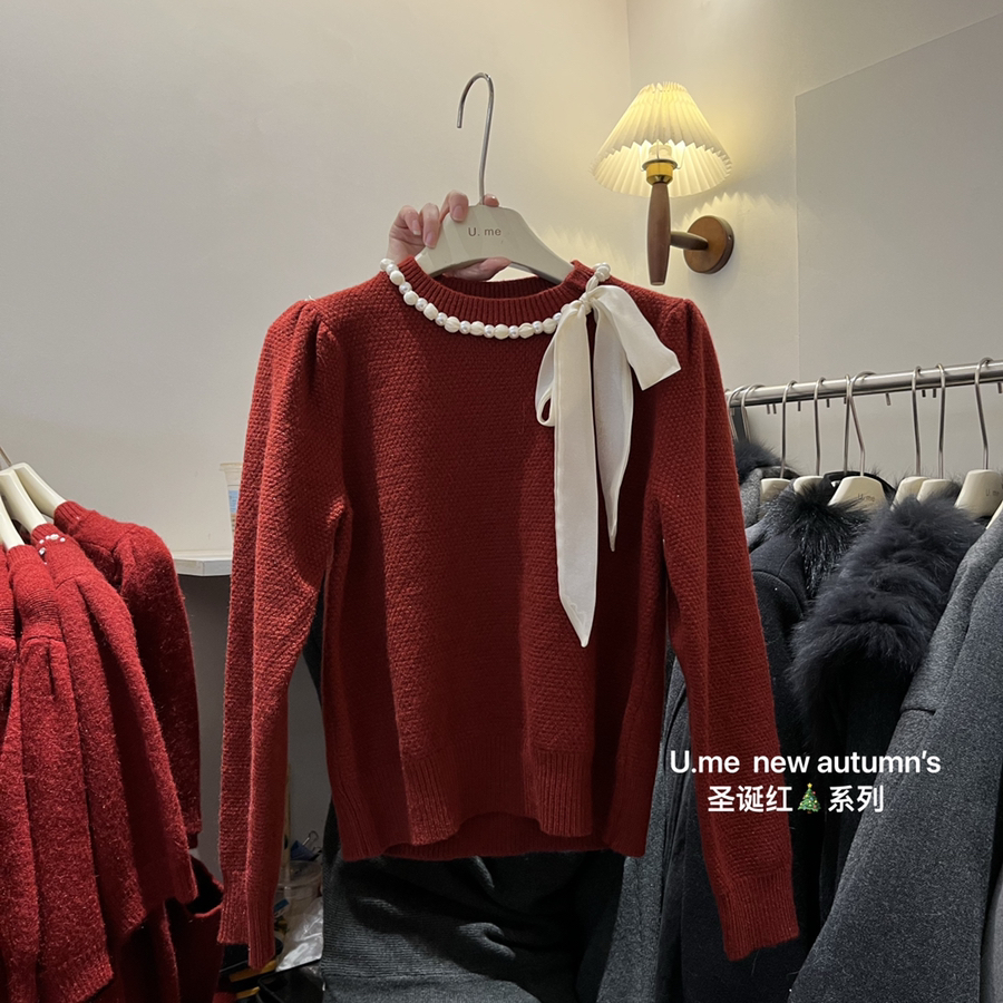 冬上新圣诞红泡泡袖系带保暖毛衣22660