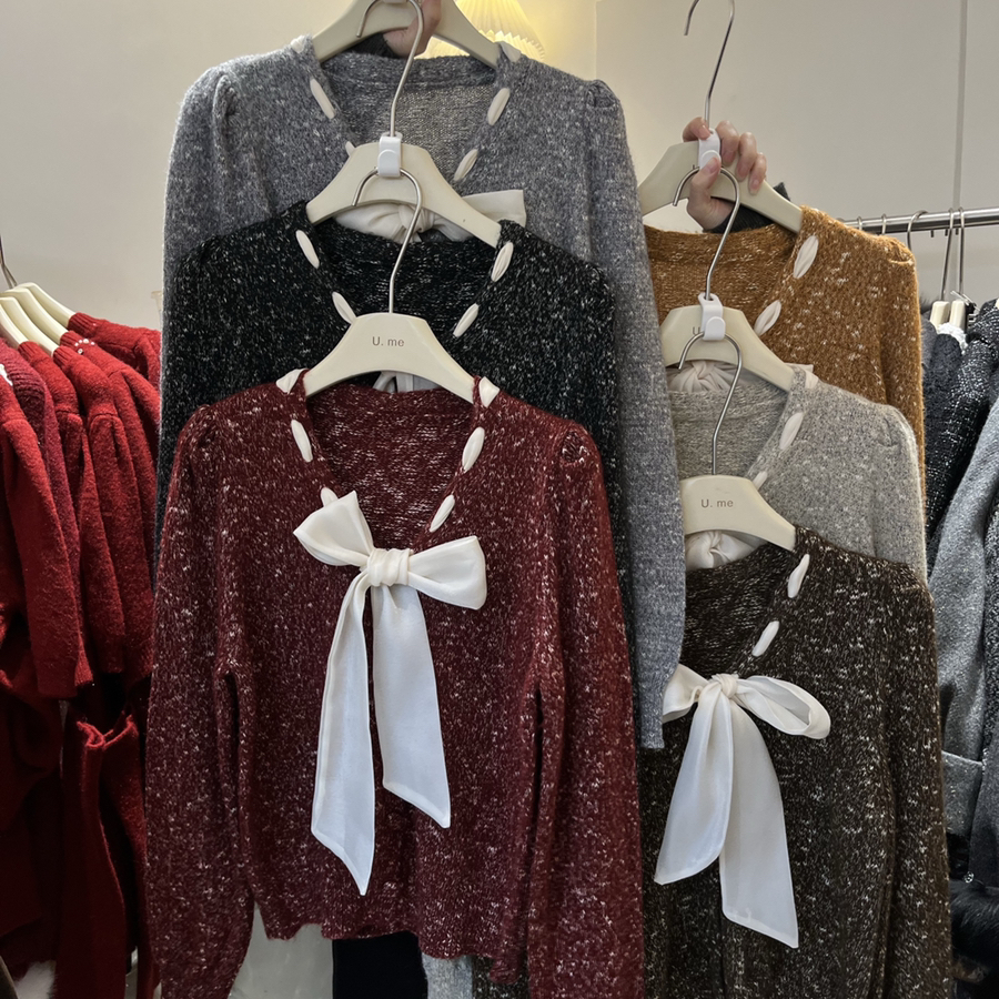 冬上新法式复古系带蝴蝶结泡泡袖长袖保暖毛衣22645