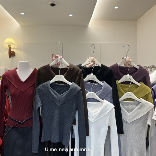 上新修身翻领气质针织衫E263