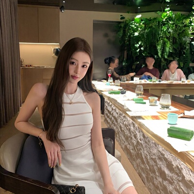 收腰裙子拼纱横条纹针织两色无袖连衣裙(不配腰包)7694