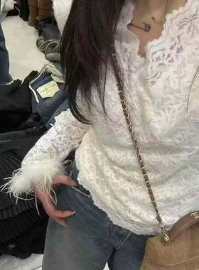 蕾丝衫女长袖修身显瘦羽毛装饰设计感打底衫T恤打底衫91055#