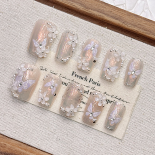 夏日温柔蝴蝶气质高级感纯欲猫眼美甲ins简约纯手工穿戴甲短梯款