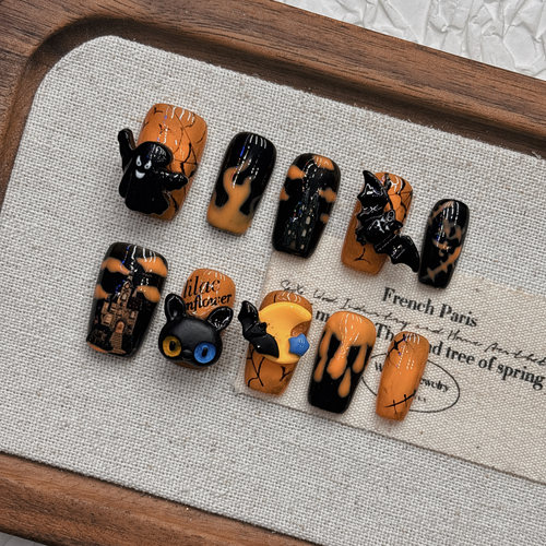 万圣节南瓜派对节日新品纯手工穿戴甲显白暗黑2025年短梯杏仁款