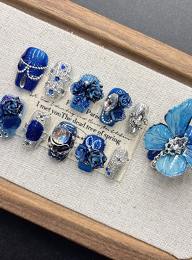 蓝色蝴蝶11指ab款纯手工穿戴甲高级感美甲2025新年短梯方女士杏仁