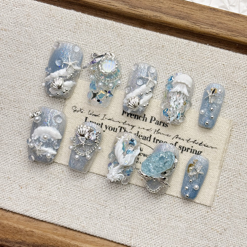 蓝色海洋美人鱼尾水母纯手工穿戴甲高级感显白美甲短款杏仁款轻奢