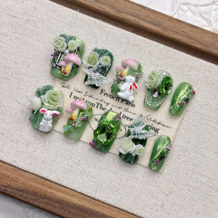 纯手工穿戴甲短梯杏仁款 夏日新款 绿色兔子高级感酷帅绝美ins法式