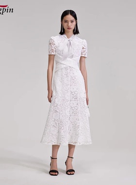 春夏女士连衣裙高雅白色公主裙名媛飘带领蕾丝收腰显瘦高级长裙子