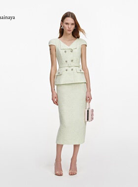 小香风薄荷绿V领假两件连衣裙女轻奢优雅收腰双排钻扣开叉中长裙