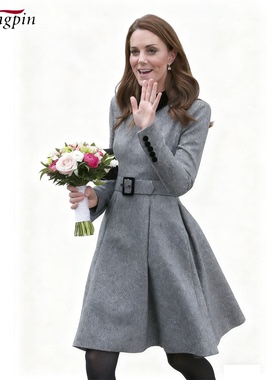 优雅风灰色羊毛撞色领连衣裙女长袖收腰A字裙修身显瘦气质中长裙