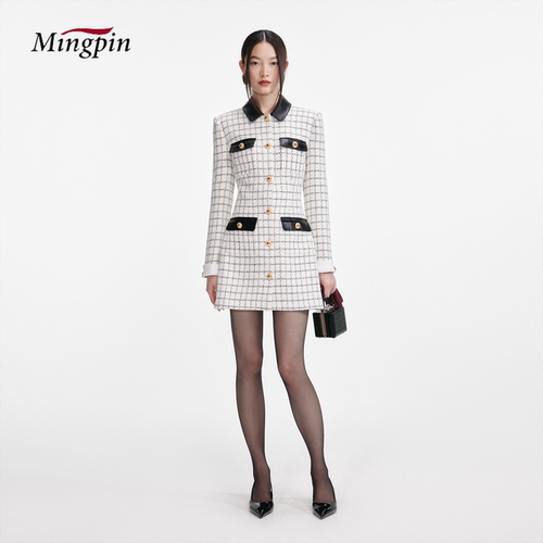 名媛格纹小香风修腰翻领短袖短裙