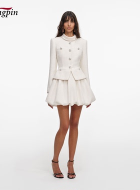 轻熟优雅风白色立领连衣裙女收腰假两件千金风短裙精致长袖灯笼裙