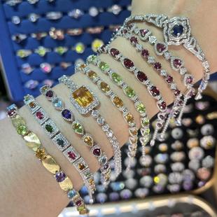 天然蓝宝石橄榄石黄水晶手链女s925银时尚百搭日常送女友礼物饰品