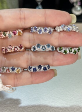 天然碧玺蓝宝石戒指精致小众银镶