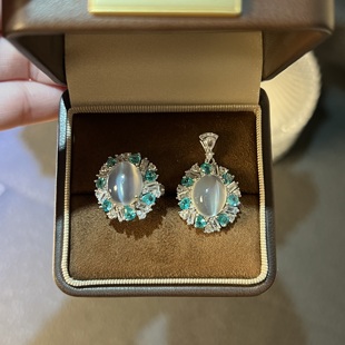 天然月光石戒指吊坠女S925银镶嵌蛋面精致轻奢时尚套装送礼物饰品