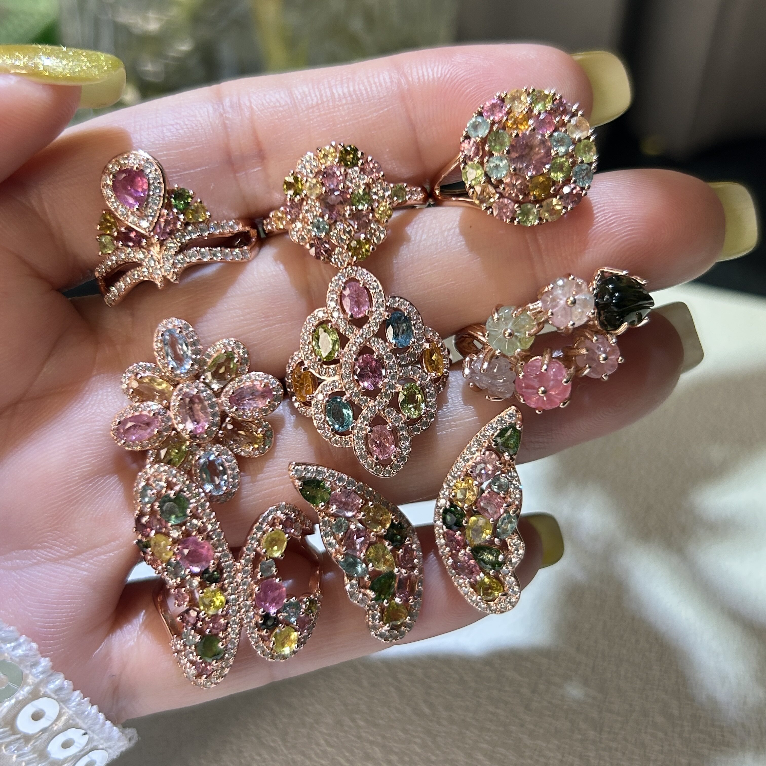 天然碧玺戒指S925银镶嵌彩虹色轻奢时尚活口可调节首饰送女生礼物