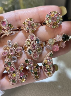 天然碧玺戒指S925银镶嵌彩虹色轻奢时尚活口可调节首饰送女生礼物