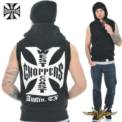 进口复古马甲黑色连帽机车开衫