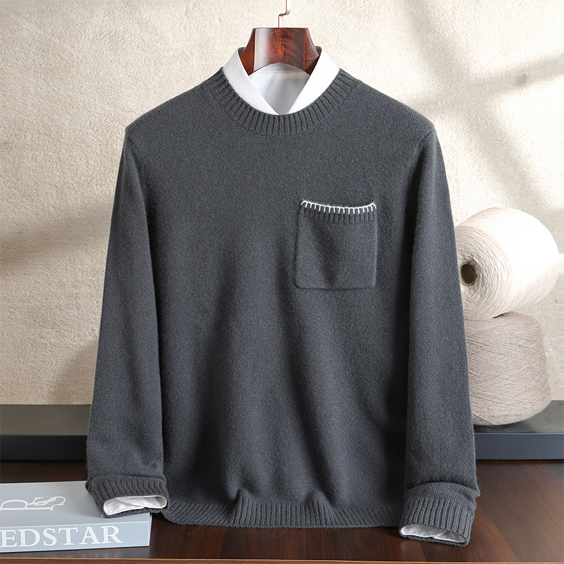 休闲风圆领纯羊绒衫男士套头