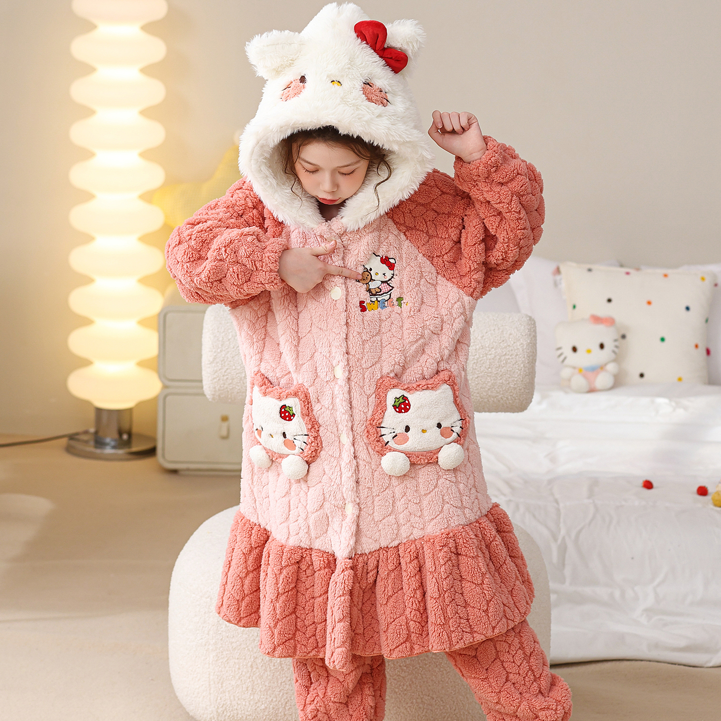 儿童毛绒睡衣女孩KT猫2025冬季