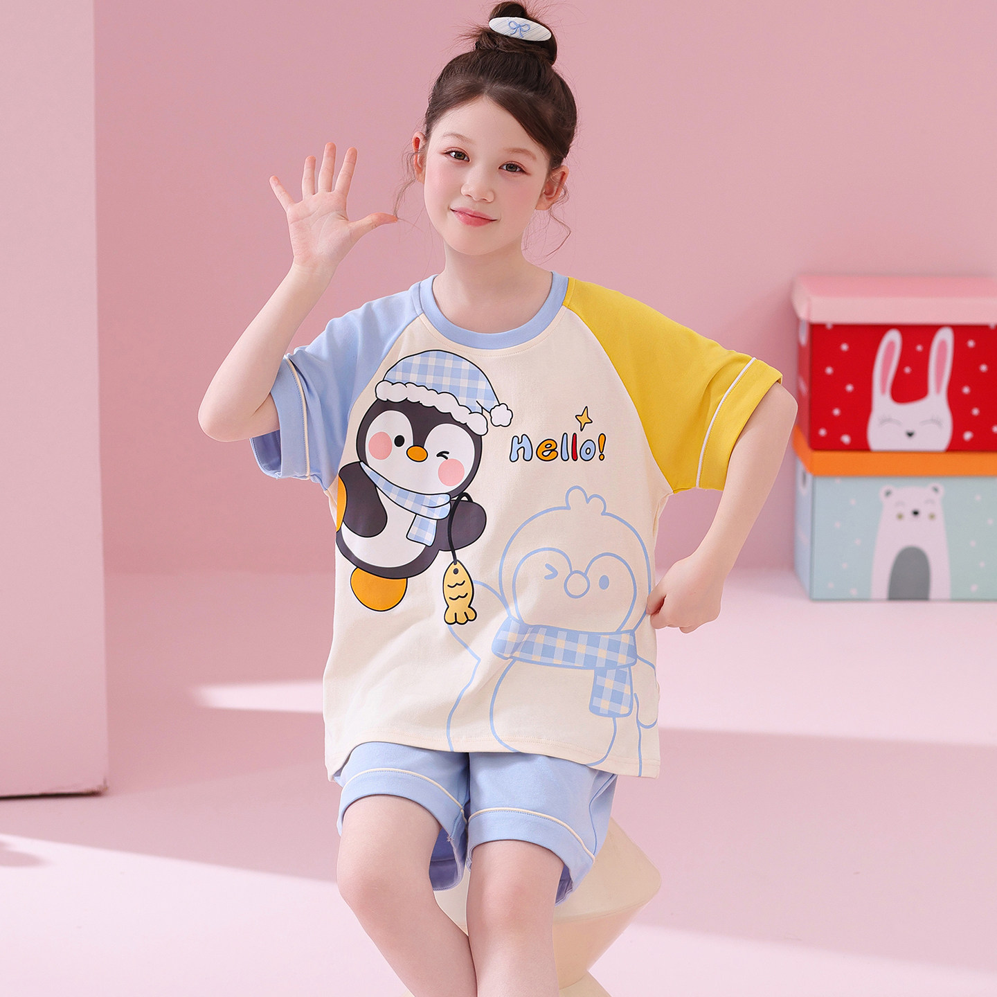 女童睡衣可爱企鹅短袖高端纯棉图片