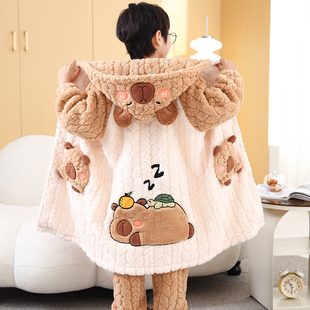 儿童睡衣高端法兰绒卡通卡皮巴拉冬天加厚长款睡袍小男孩珊瑚毛绒