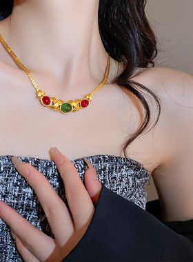 中古vintage琉璃项链法式宫廷风椭圆锁骨链复古气质轻奢简约时尚