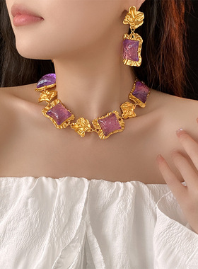 银针不规则方形耳坠项链 文艺复古宫廷风耳环 时尚轻奢高级感耳饰