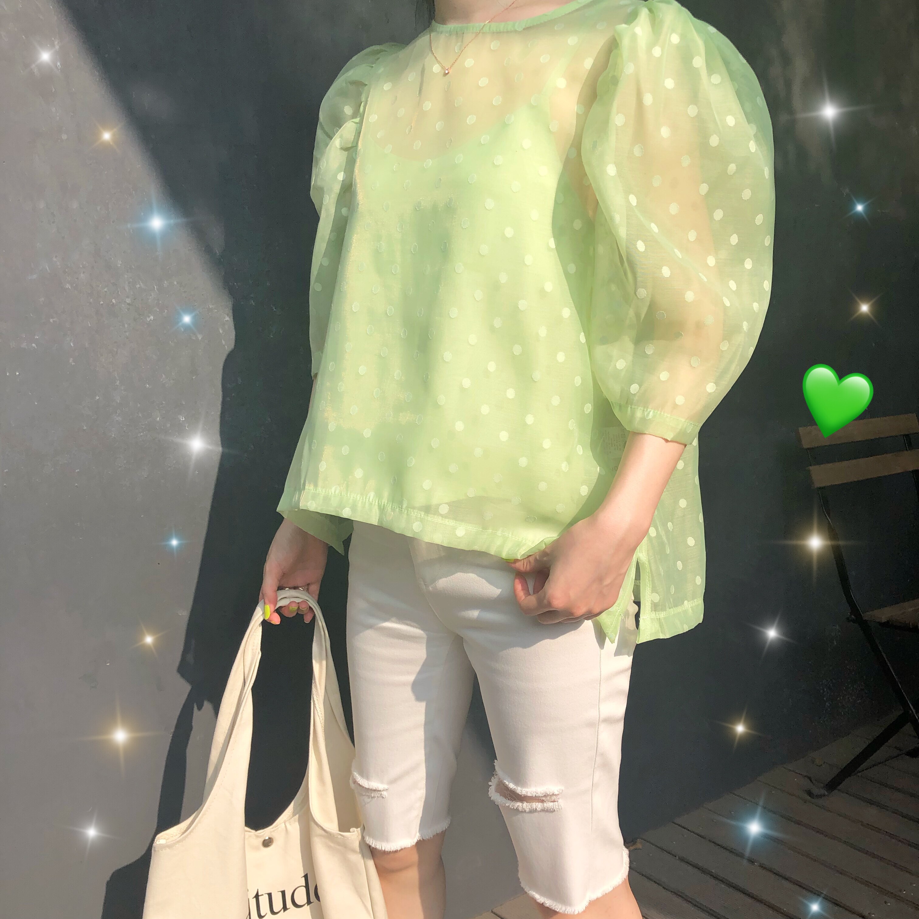 【闭店清仓】牛油果绿网纱波点泡泡袖上衣女2022夏吊带罩衫两件套